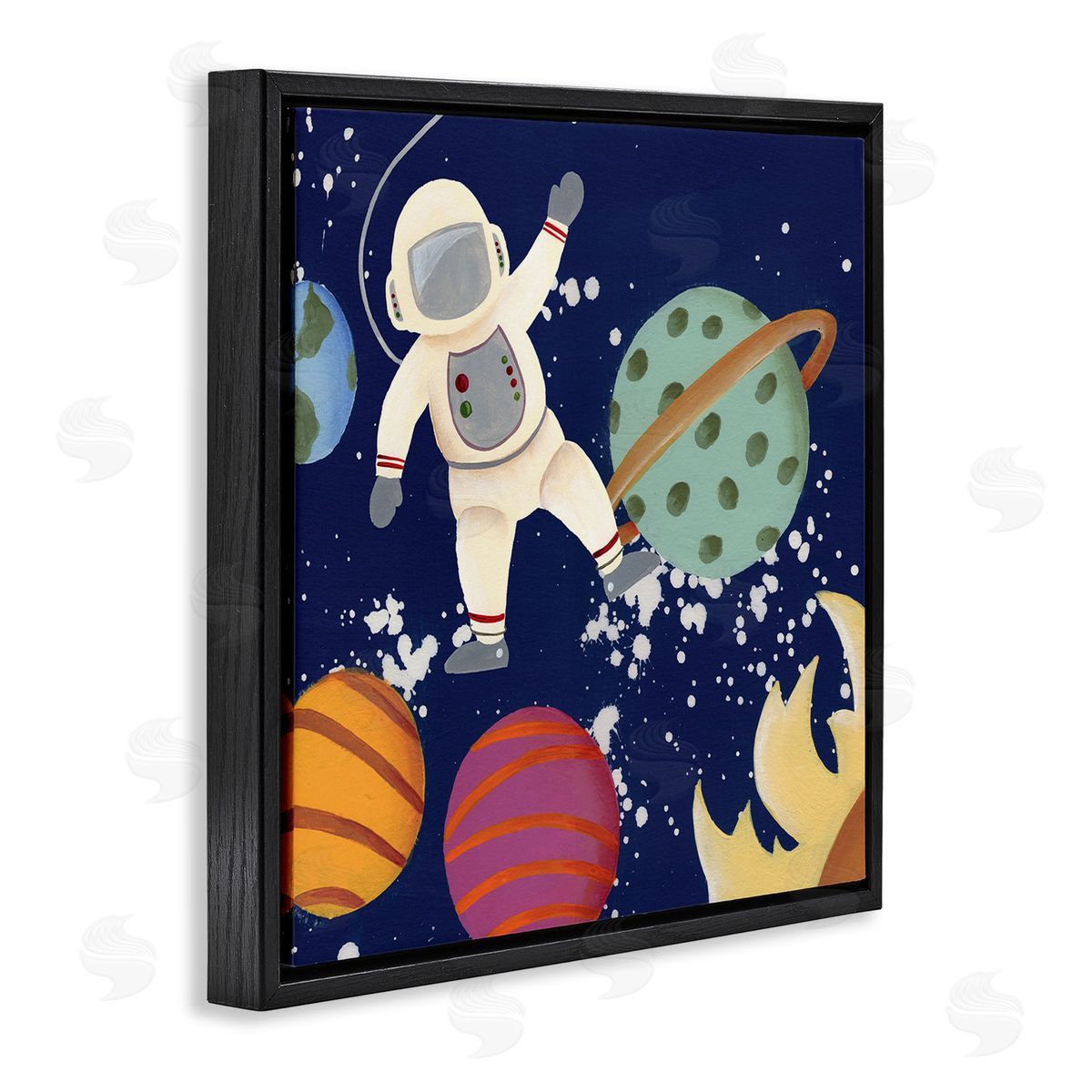 Regina Moore Playful Waving Astronaut Outer Space Adventure Black Floating Frame Canvas Wall Art Print