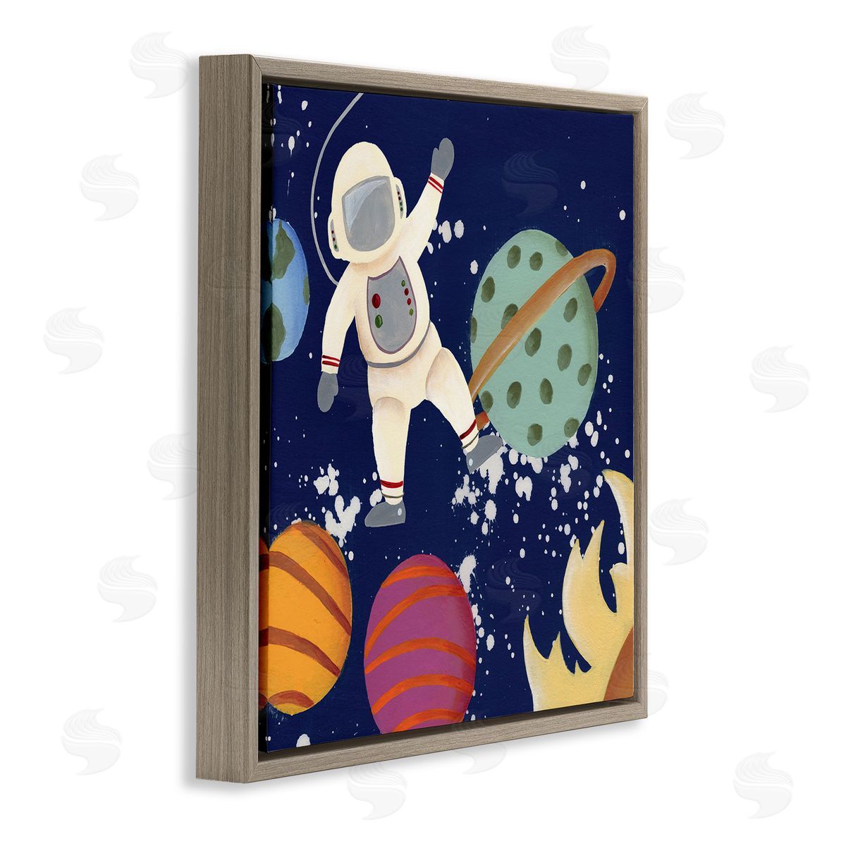Regina Moore Playful Waving Astronaut Outer Space Adventure Brown Floating Frame Canvas Wall Art Print