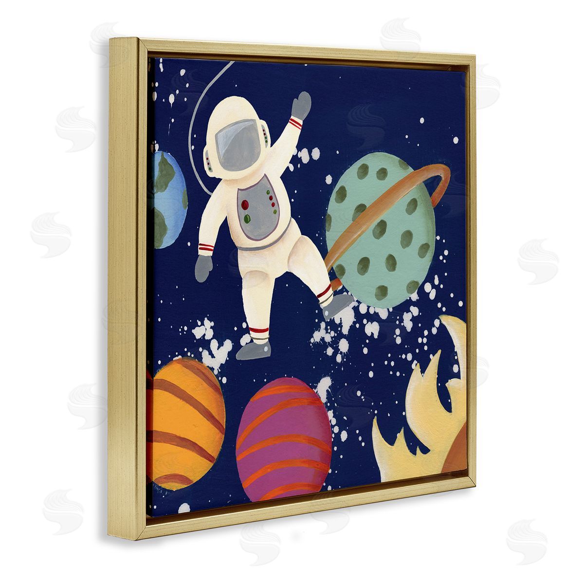 Regina Moore Playful Waving Astronaut Outer Space Adventure Gold Floating Frame Canvas Wall Art Print