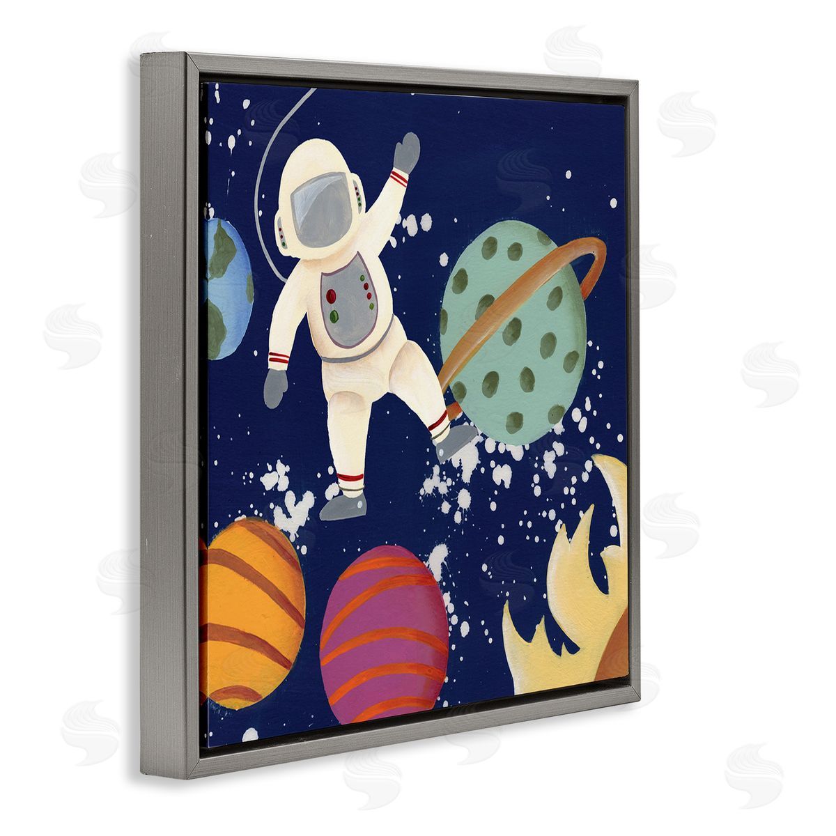 Regina Moore Playful Waving Astronaut Outer Space Adventure Gray Floating Frame Canvas Wall Art Print