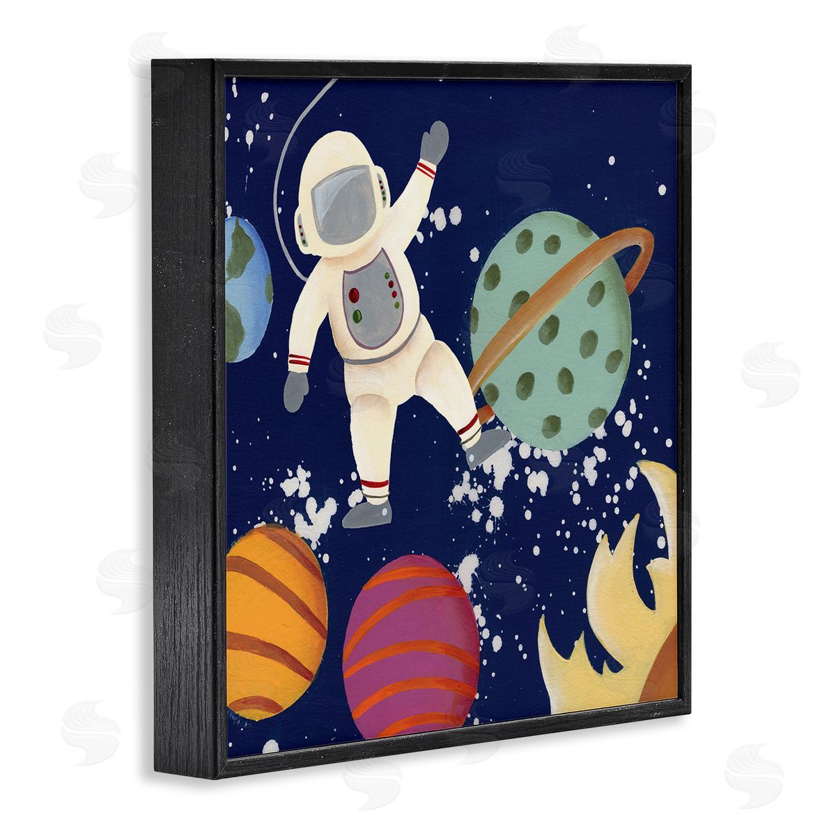 Regina Moore Playful Waving Astronaut Outer Space Adventure Black Framed Glicee Wall Art Print