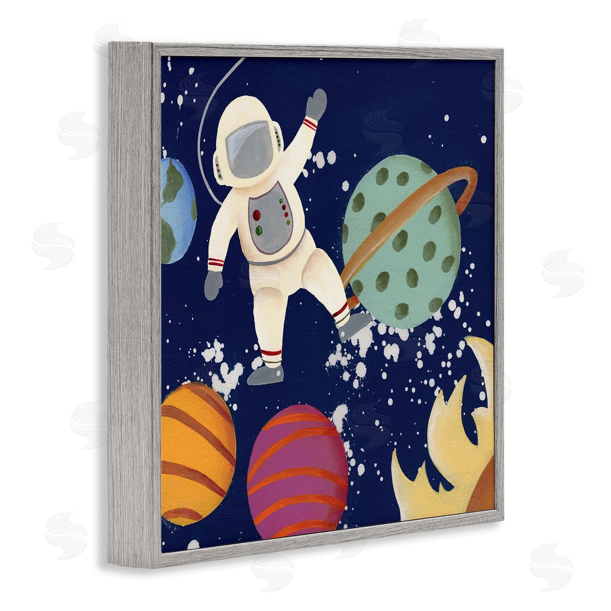 Regina Moore Playful Waving Astronaut Outer Space Adventure Gray Framed Glicee Wall Art Print