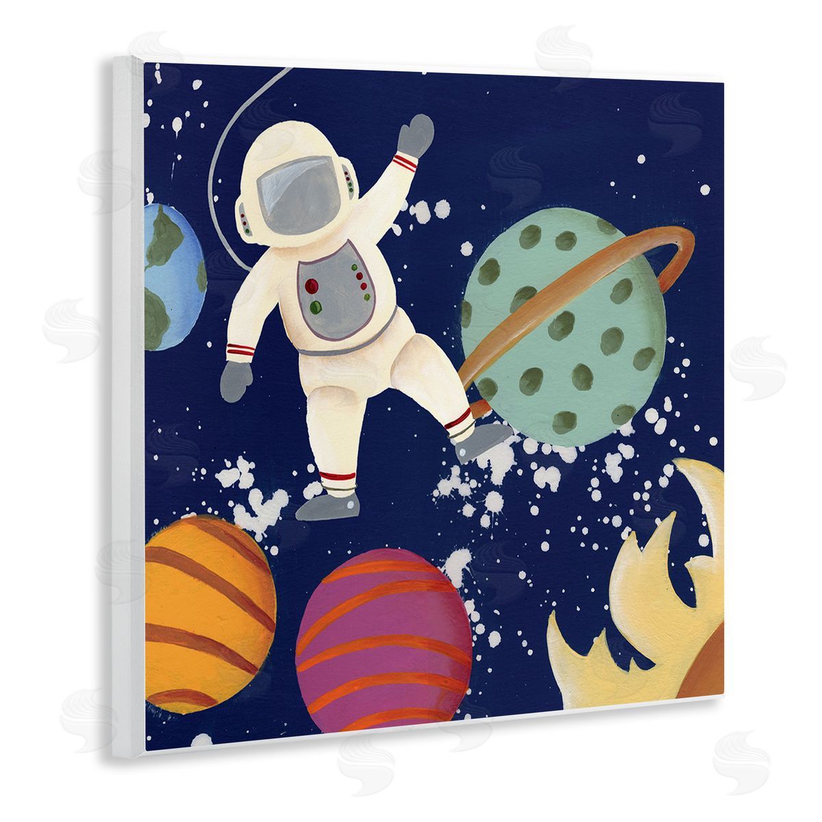 Regina Moore Playful Waving Astronaut Outer Space Adventure Wooden Wall Plaque Art Print