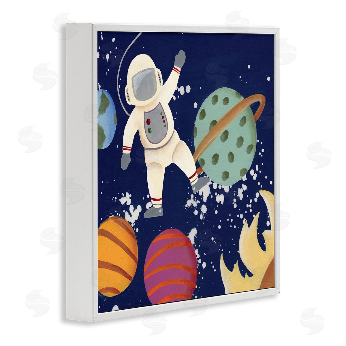 Regina Moore Playful Waving Astronaut Outer Space Adventure White Framed Glicee Wall Art Print