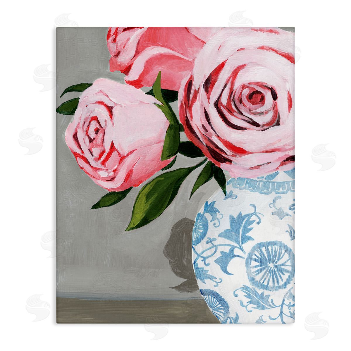 Grace Popp Blossoming Pink Roses in Ornate Blue Vase