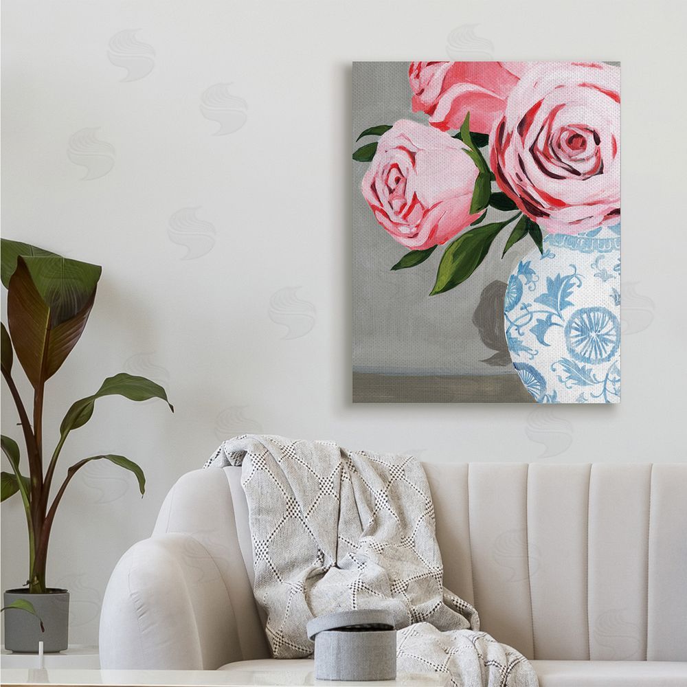 Grace Popp Blossoming Pink Roses in Ornate Blue Vase