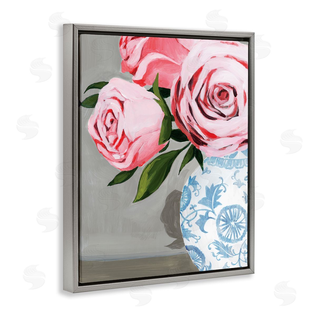 Grace Popp Blossoming Pink Roses in Ornate Blue Vase