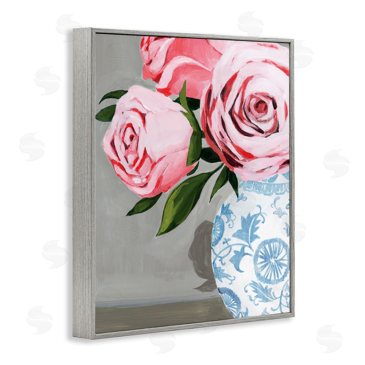 Grace Popp Blossoming Pink Roses in Ornate Blue Vase