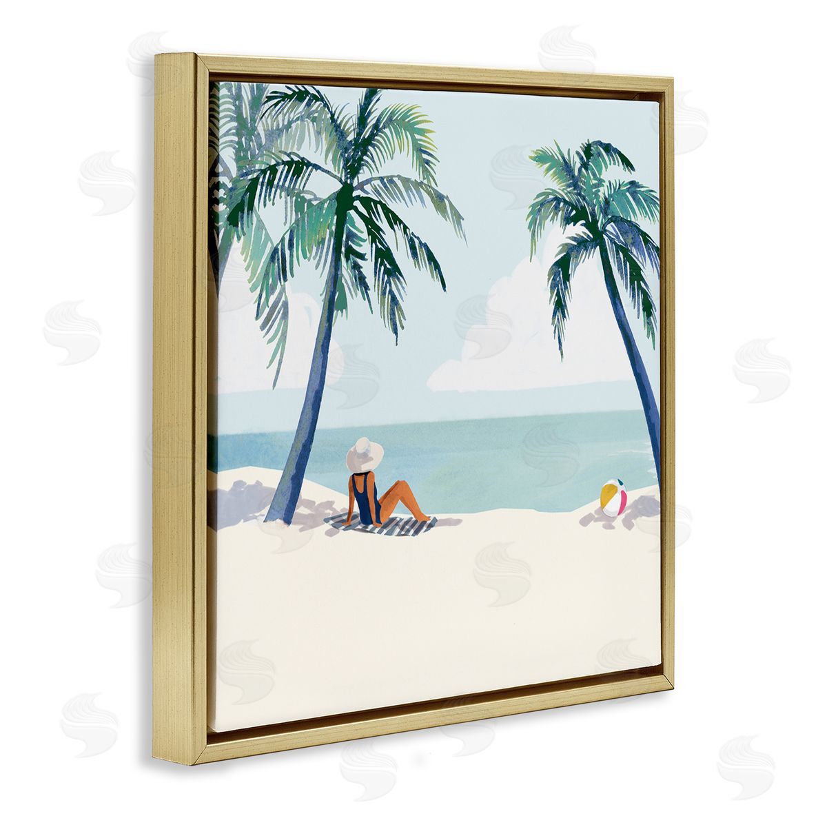 Victoria Barnes Woman Lounging under Palm Tree Coastal Landscape Gold Floating Frame Canvas Wall Art Print