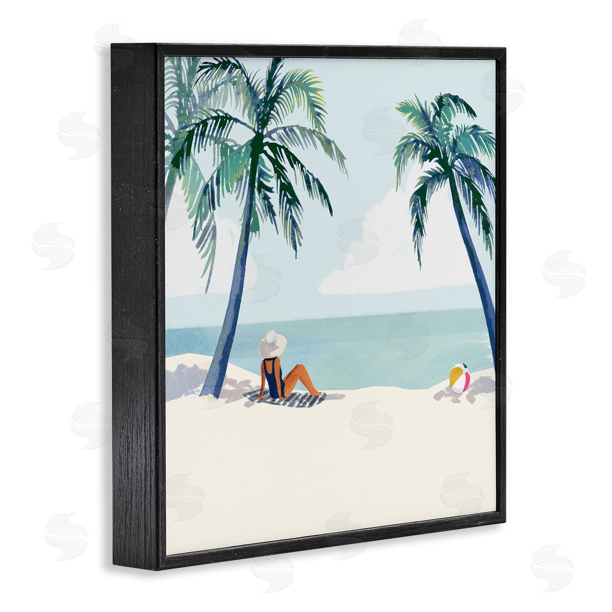 Victoria Barnes Woman Lounging under Palm Tree Coastal Landscape Black Framed Glicee Wall Art Print