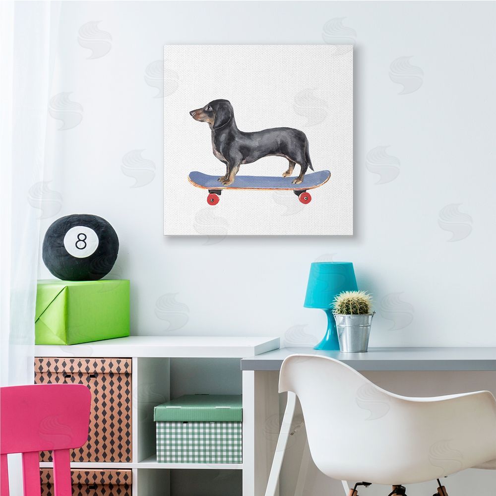 Annie Warren Dachshund Pet Dog on Blue Skateboard Canvas Wall Art in Room