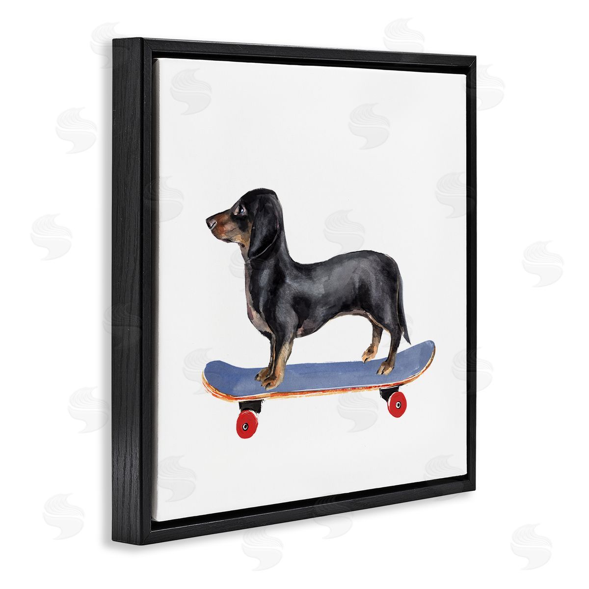 Annie Warren Dachshund Pet Dog on Blue Skateboard Black Floating Frame Canvas Wall Art Print