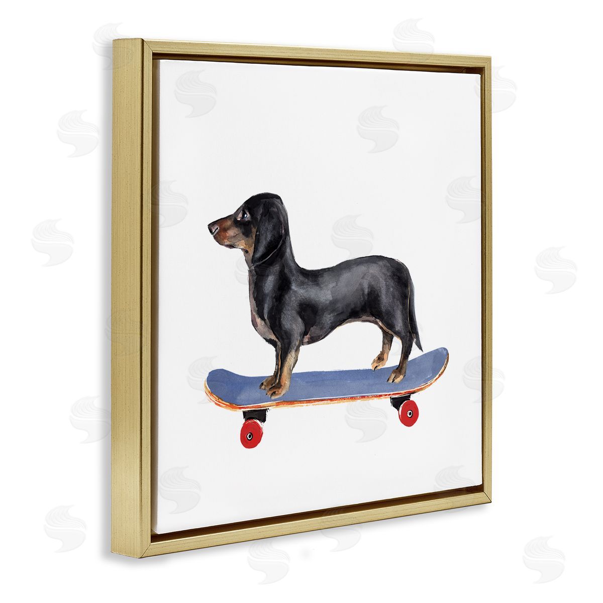 Annie Warren Dachshund Pet Dog on Blue Skateboard Gold Floating Frame Canvas Wall Art Print