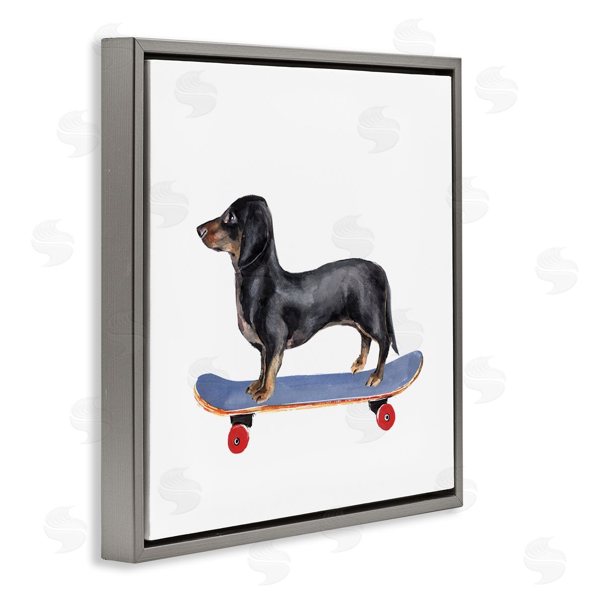 Annie Warren Dachshund Pet Dog on Blue Skateboard Gray Floating Frame Canvas Wall Art Print