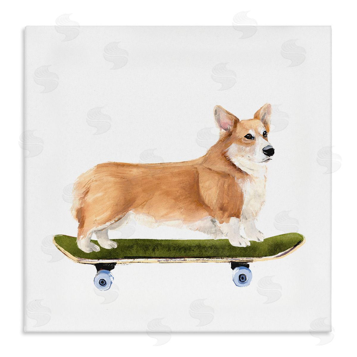 Annie Warren Playful Corgi Pet Dog on Green Skateboard Stretched Canvas Wall Art Print