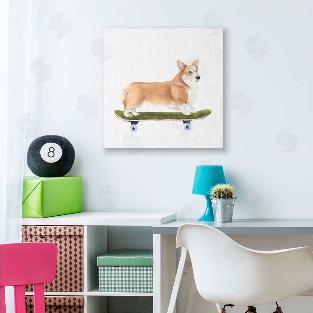 Annie Warren Playful Corgi Pet Dog on Green Skateboard Canvas Wall Art in Room