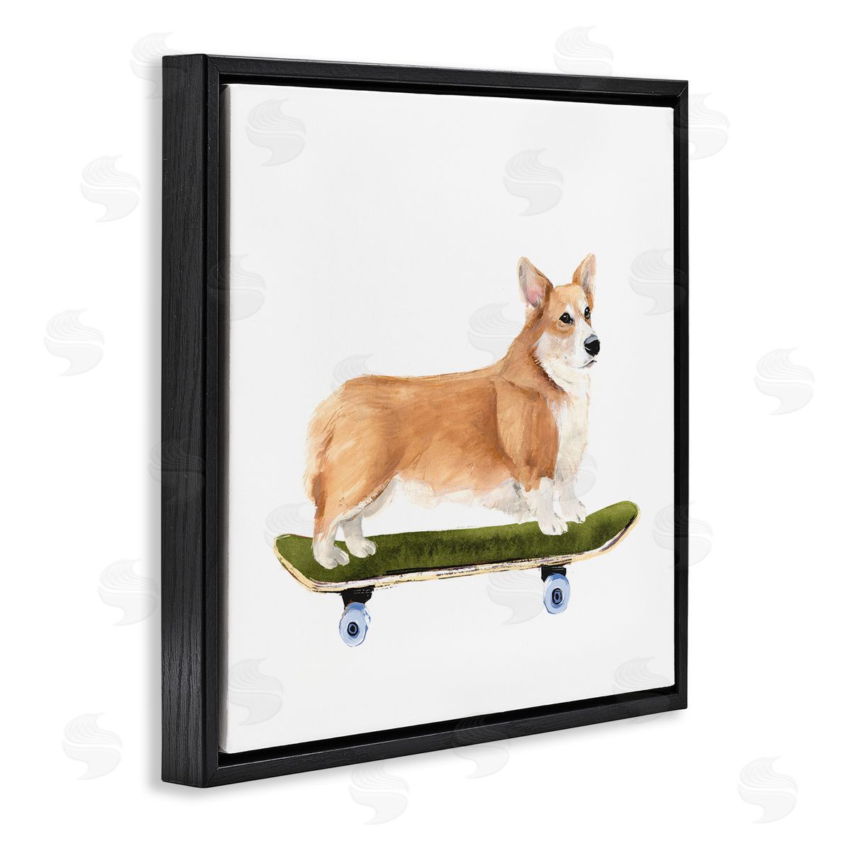 Annie Warren Playful Corgi Pet Dog on Green Skateboard Black Floating Frame Canvas Wall Art Print