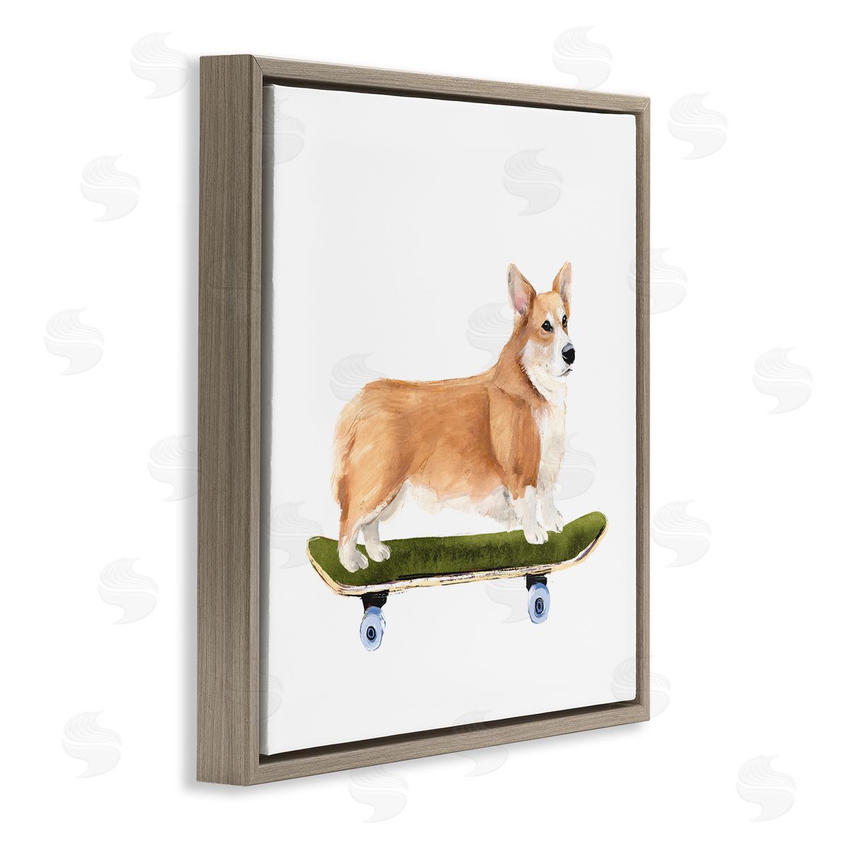 Annie Warren Playful Corgi Pet Dog on Green Skateboard Brown Floating Frame Canvas Wall Art Print
