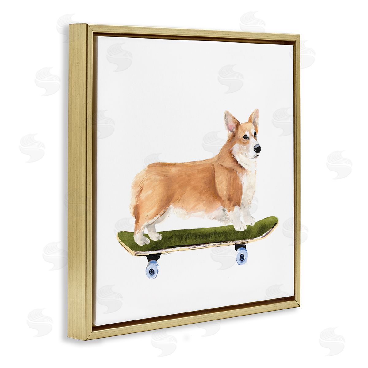 Annie Warren Playful Corgi Pet Dog on Green Skateboard Gold Floating Frame Canvas Wall Art Print