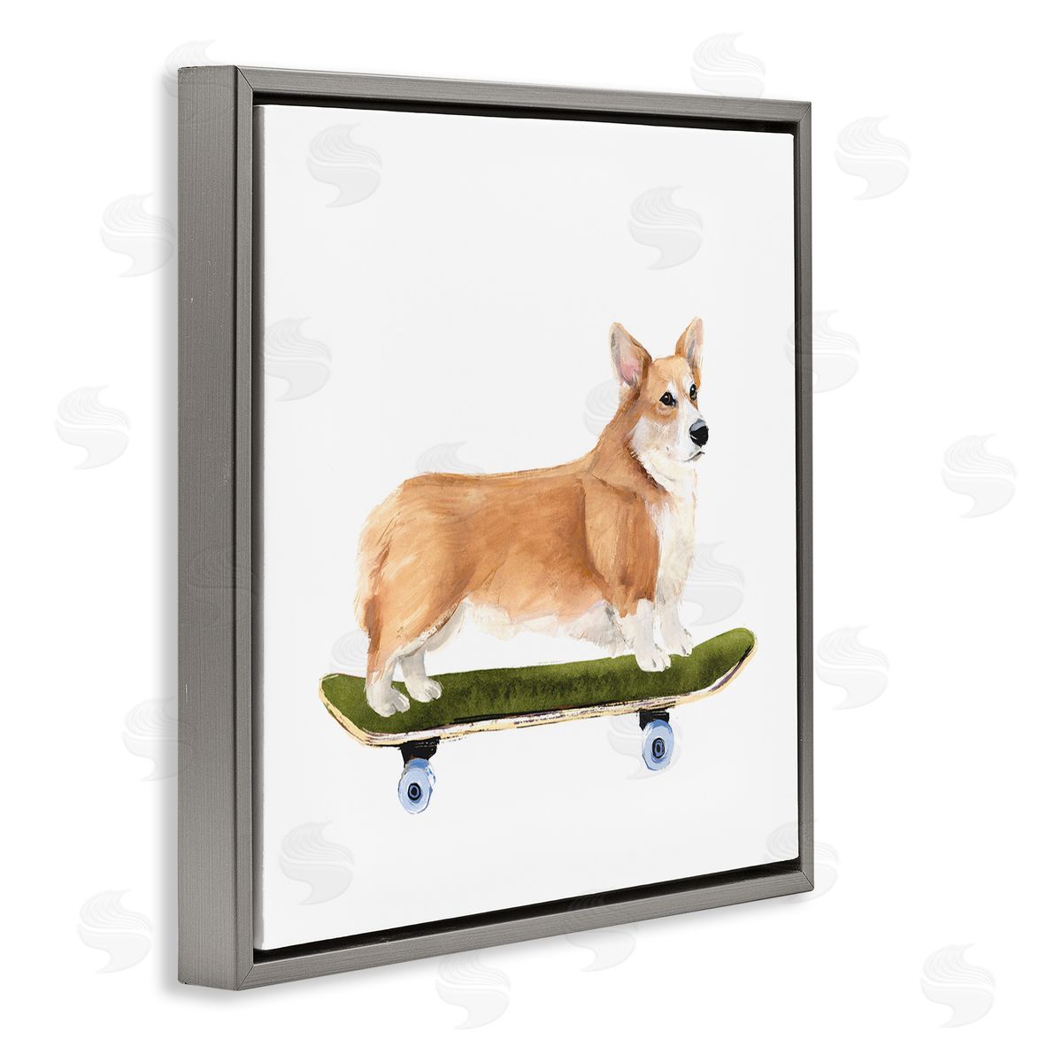 Annie Warren Playful Corgi Pet Dog on Green Skateboard Gray Floating Frame Canvas Wall Art Print