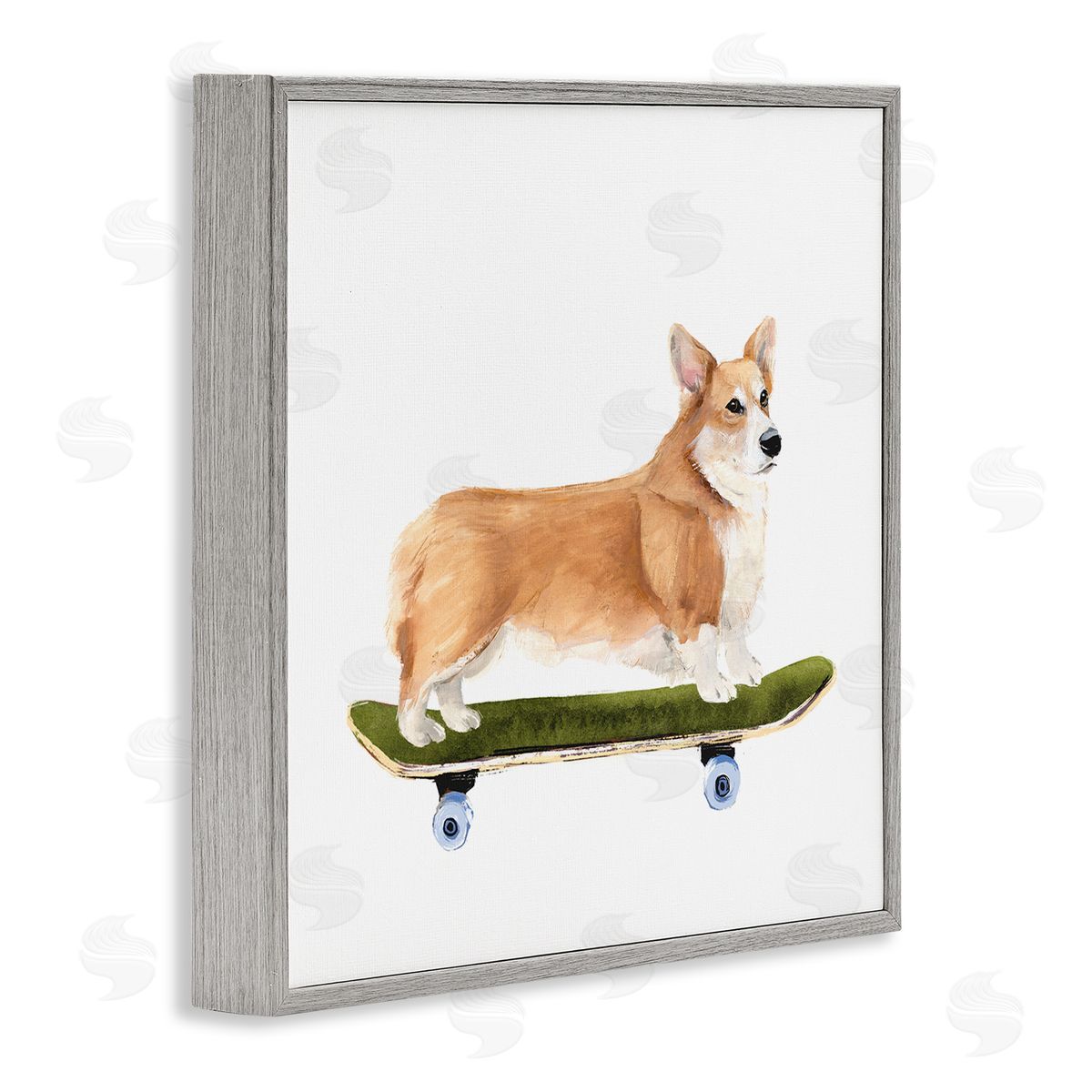 Annie Warren Playful Corgi Pet Dog on Green Skateboard Gray Framed Glicee Wall Art Print