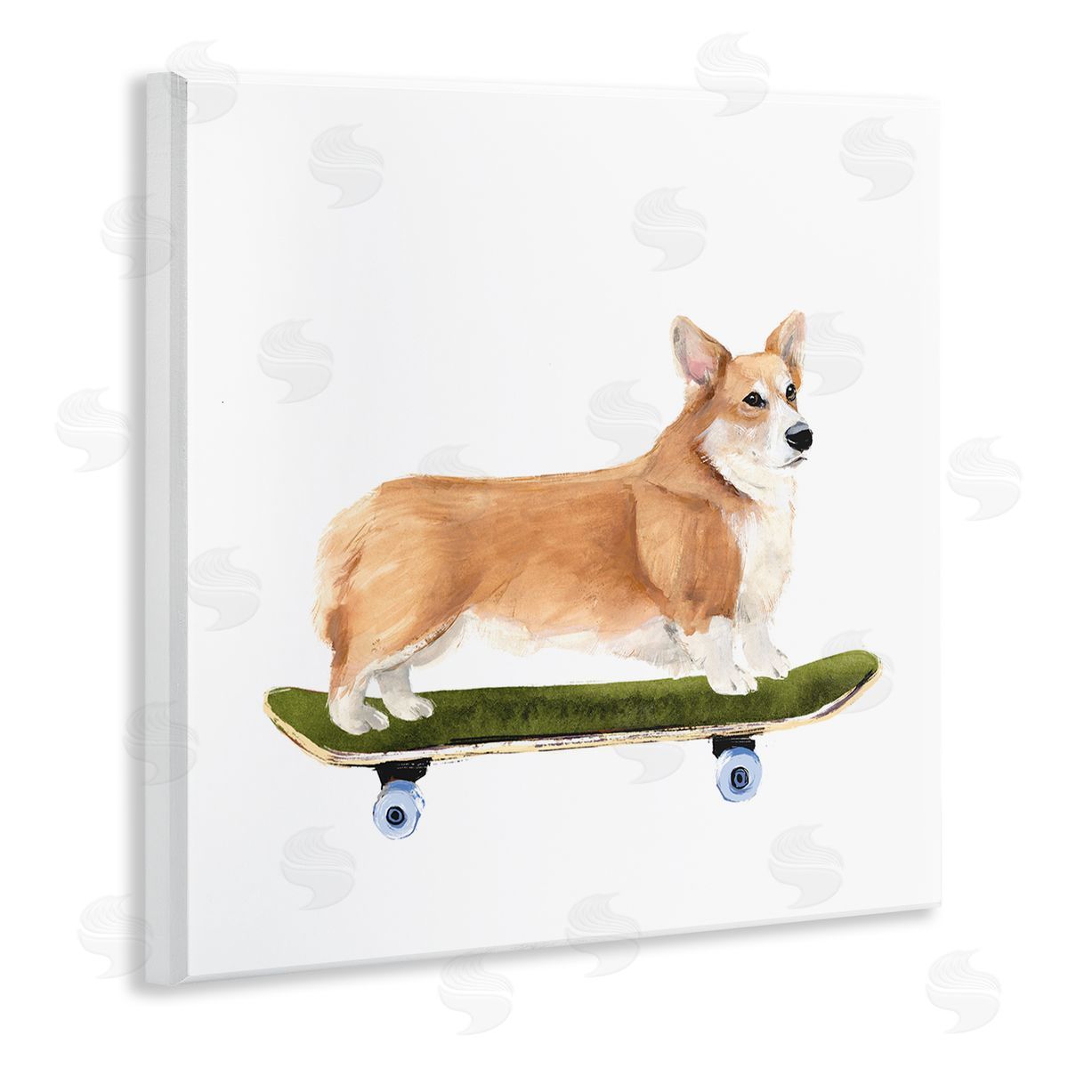 Annie Warren Playful Corgi Pet Dog on Green Skateboard Wooden Wall Plaque Art Print