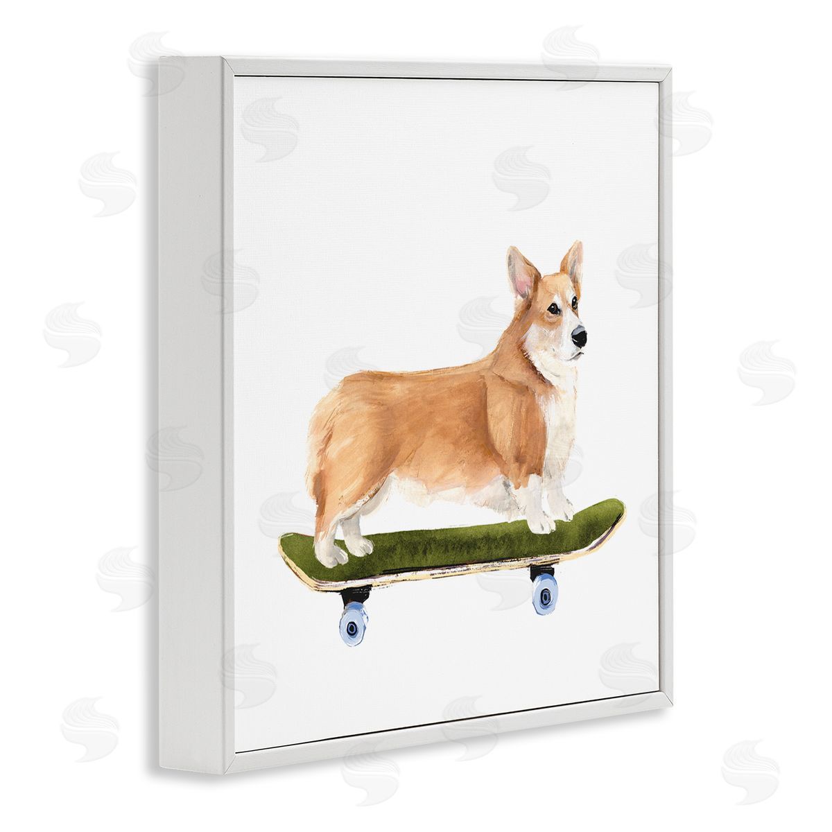 Annie Warren Playful Corgi Pet Dog on Green Skateboard White Framed Glicee Wall Art Print