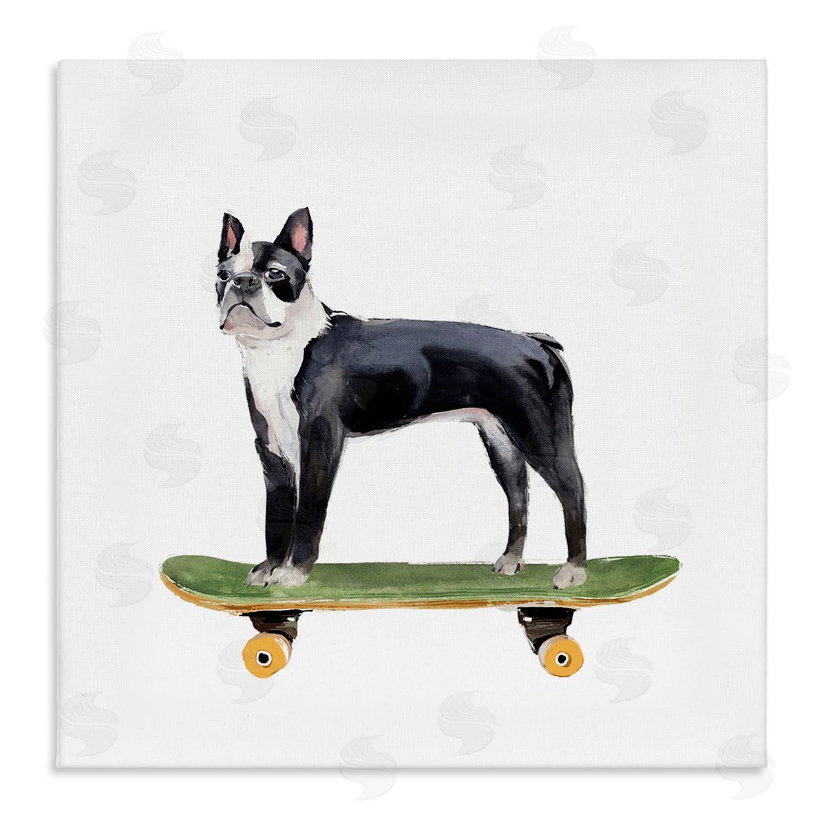 Annie Warren Curious Boston Terroir Pet Dog on Green Skateboard Stretched Canvas Wall Art Print