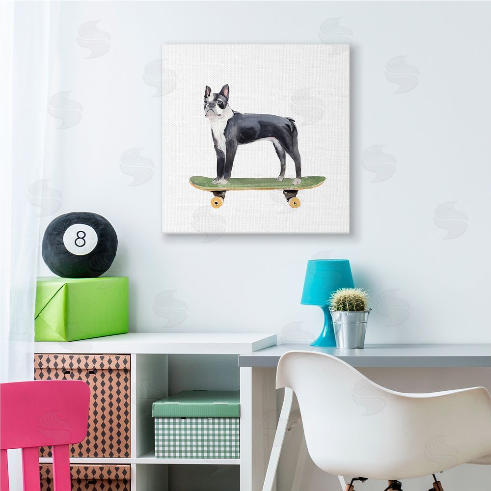 Annie Warren Curious Boston Terroir Pet Dog on Green Skateboard Canvas Wall Art in Room