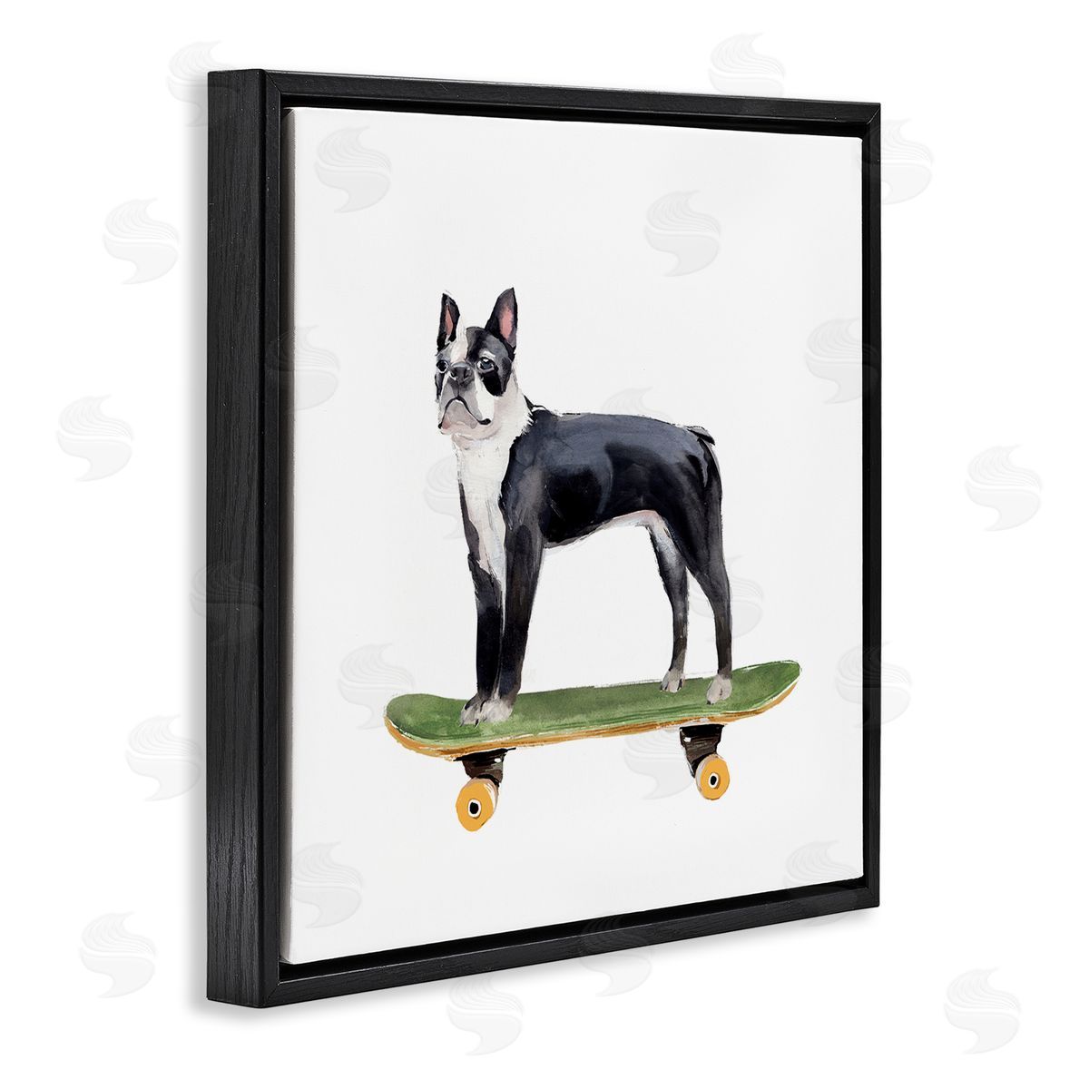 Annie Warren Curious Boston Terroir Pet Dog on Green Skateboard Black Floating Frame Canvas Wall Art Print