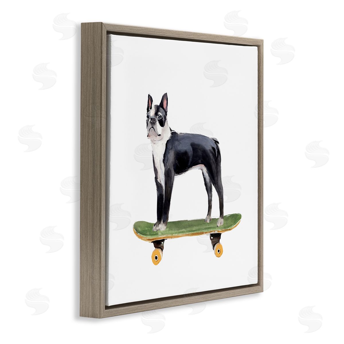Annie Warren Curious Boston Terroir Pet Dog on Green Skateboard Brown Floating Frame Canvas Wall Art Print