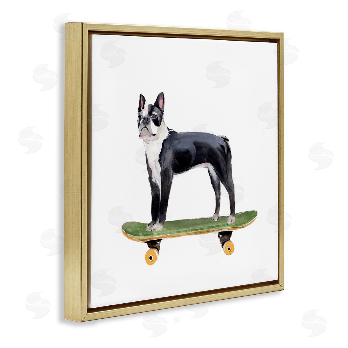 Annie Warren Curious Boston Terroir Pet Dog on Green Skateboard Gold Floating Frame Canvas Wall Art Print