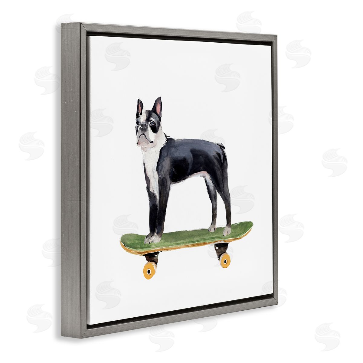 Annie Warren Curious Boston Terroir Pet Dog on Green Skateboard Gray Floating Frame Canvas Wall Art Print