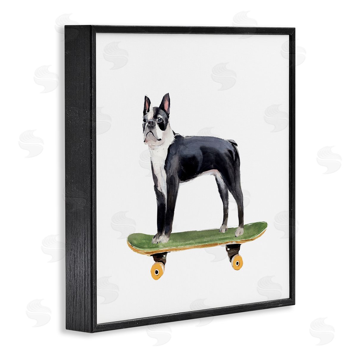 Annie Warren Curious Boston Terroir Pet Dog on Green Skateboard Black Framed Glicee Wall Art Print