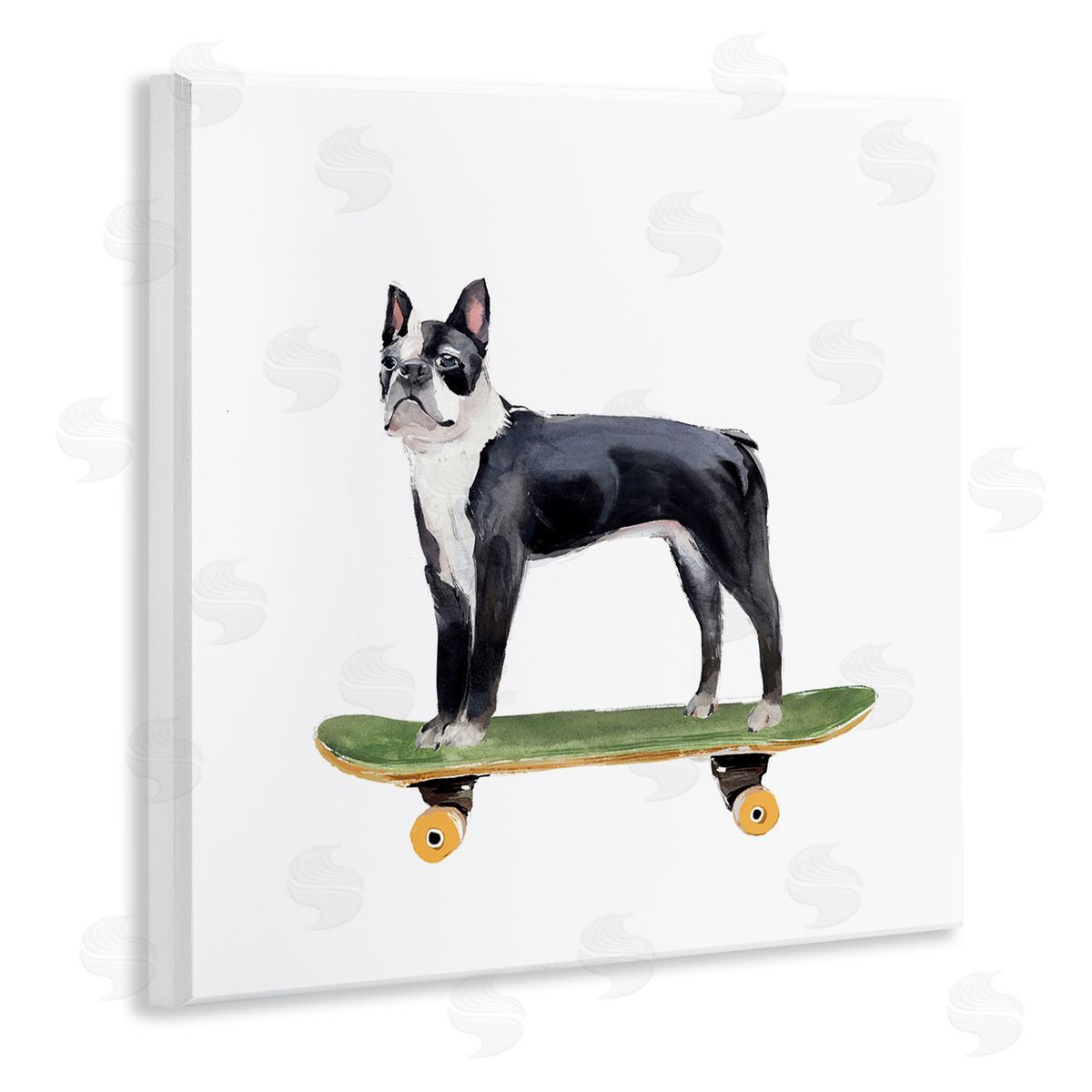 Annie Warren Curious Boston Terroir Pet Dog on Green Skateboard Wooden Wall Plaque Art Print