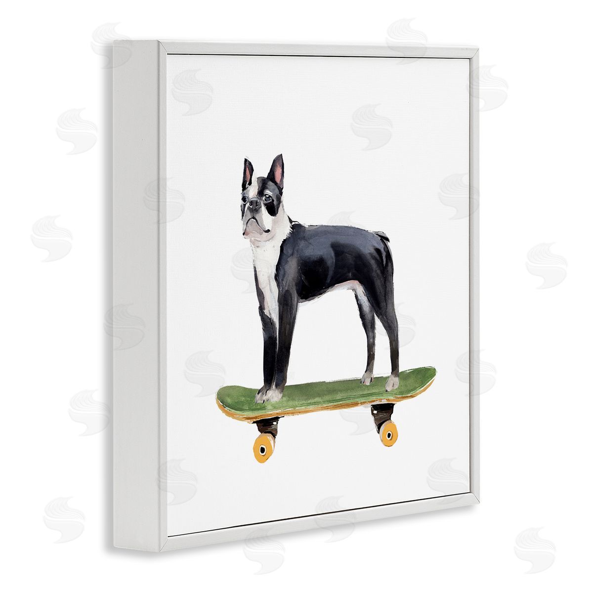 Annie Warren Curious Boston Terroir Pet Dog on Green Skateboard White Framed Glicee Wall Art Print