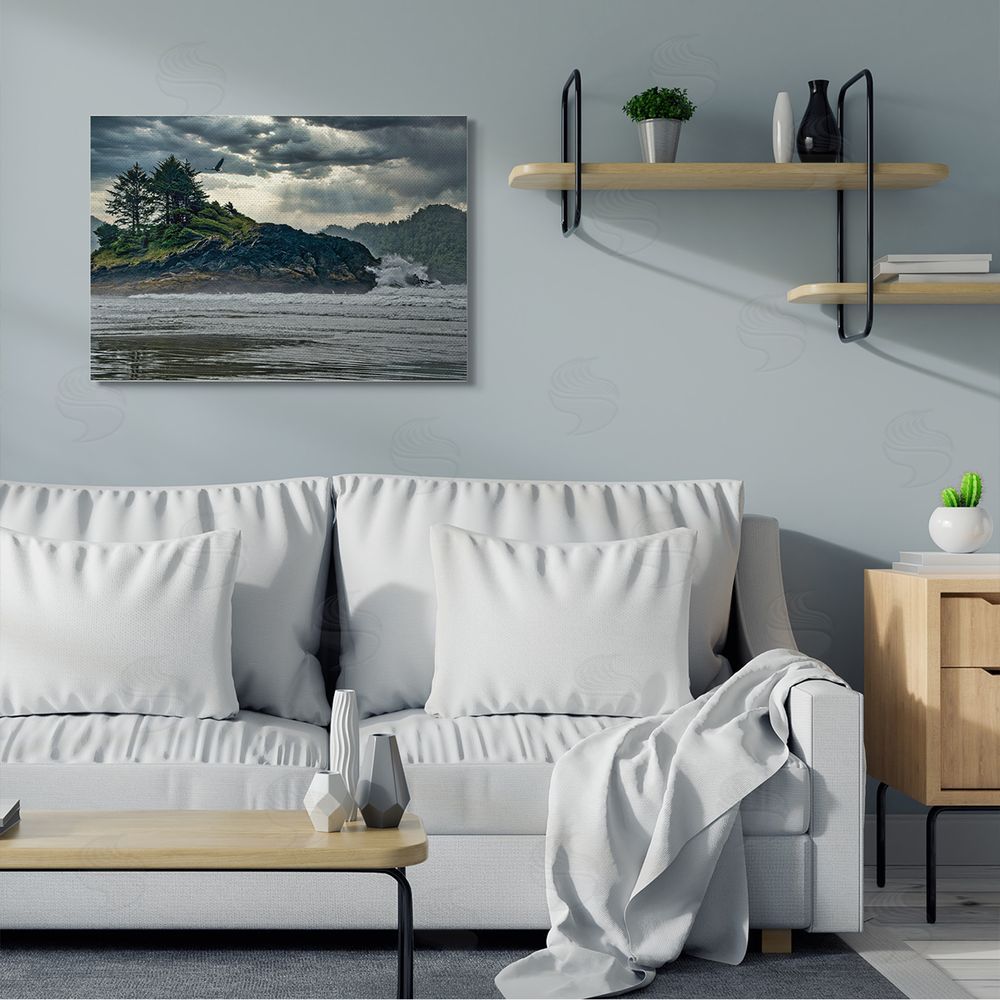 Chuck Burdick Waves Crashing into Island Rustic Landscape
