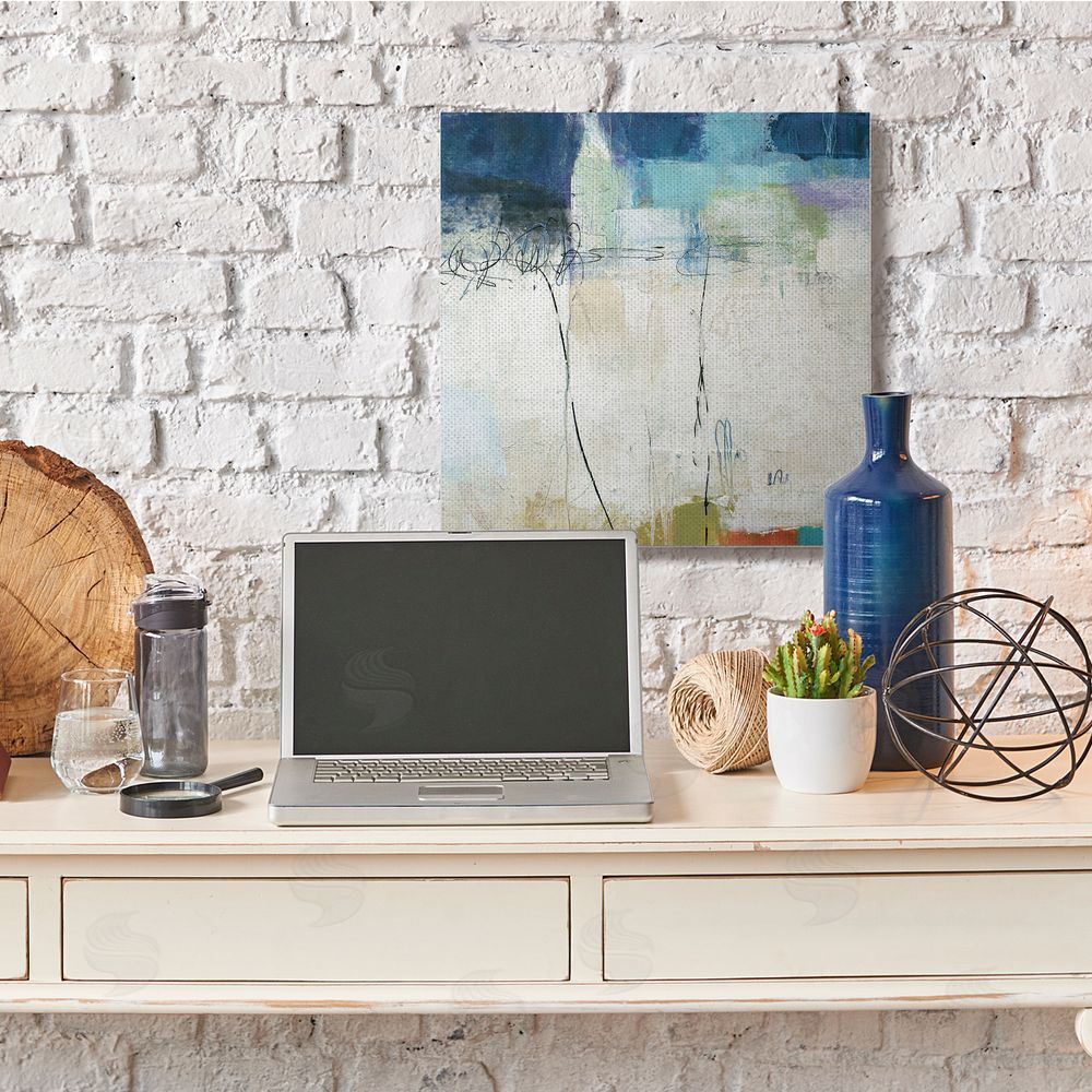 Pamela K. Beer Modern Expressive Abstract Off-White Blue Green Canvas Wall Art in Room