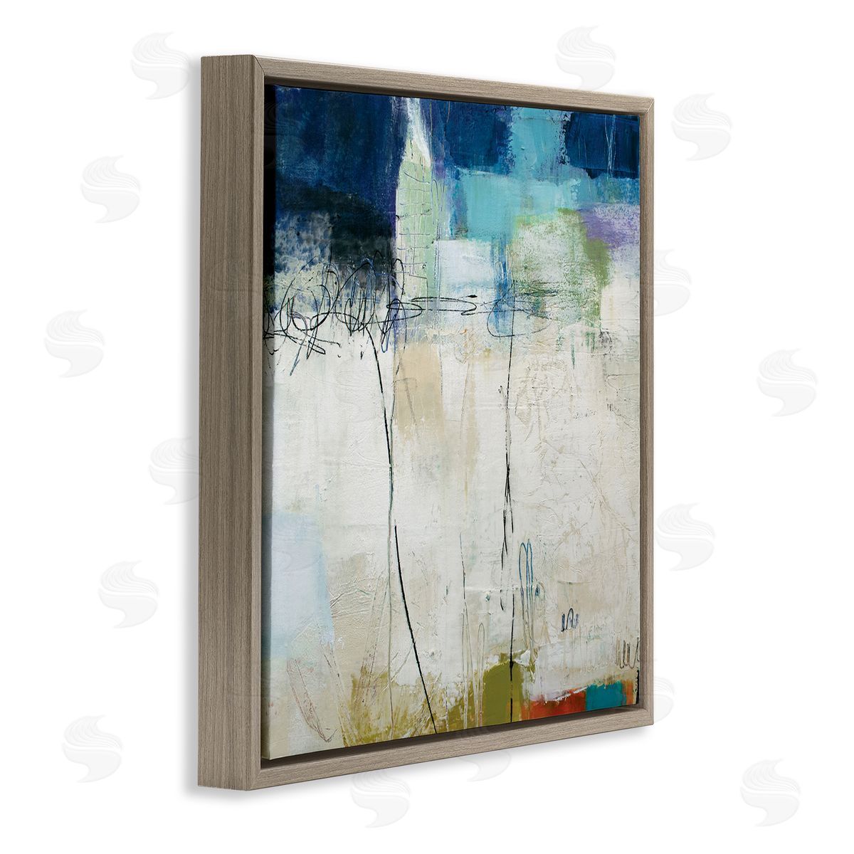 Pamela K. Beer Modern Expressive Abstract Off-White Blue Green Brown Floating Frame Canvas Wall Art Print