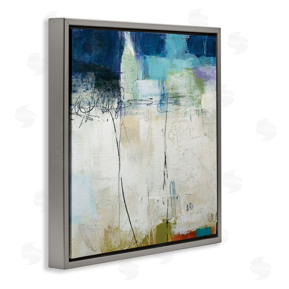 Pamela K. Beer Modern Expressive Abstract Off-White Blue Green Gray Floating Frame Canvas Wall Art Print