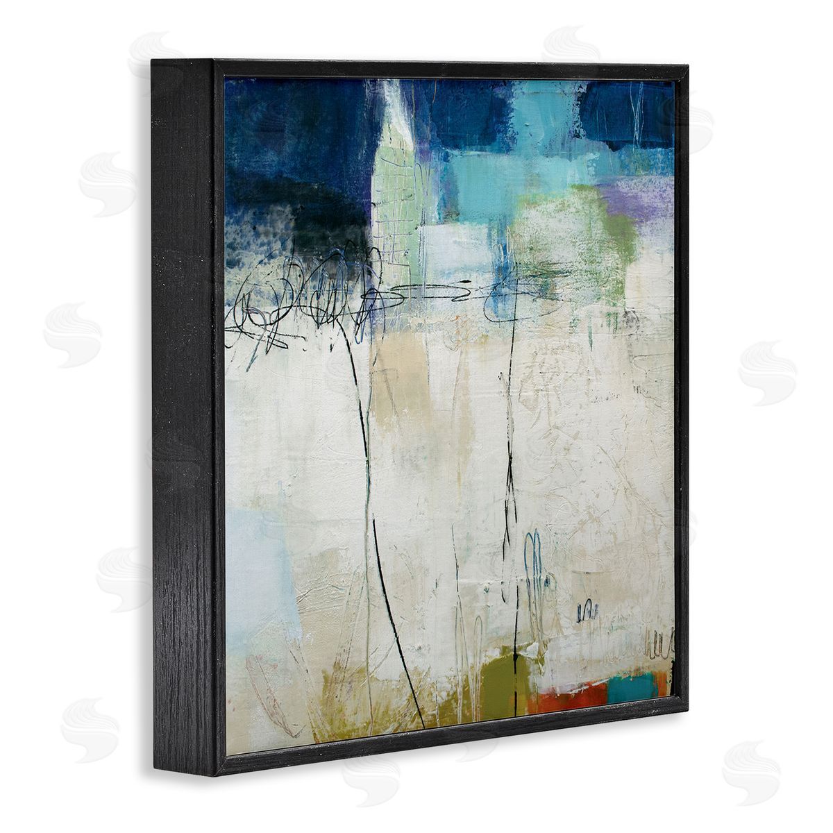 Pamela K. Beer Modern Expressive Abstract Off-White Blue Green Black Framed Glicee Wall Art Print