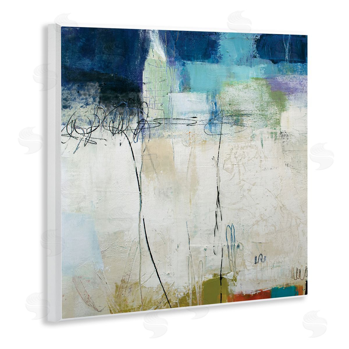 Pamela K. Beer Modern Expressive Abstract Off-White Blue Green Wooden Wall Plaque Art Print