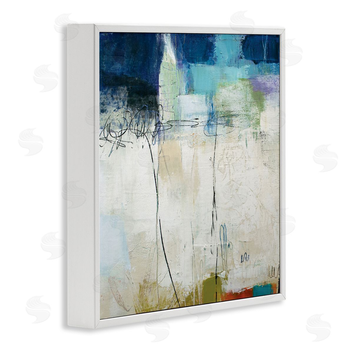 Pamela K. Beer Modern Expressive Abstract Off-White Blue Green White Framed Glicee Wall Art Print