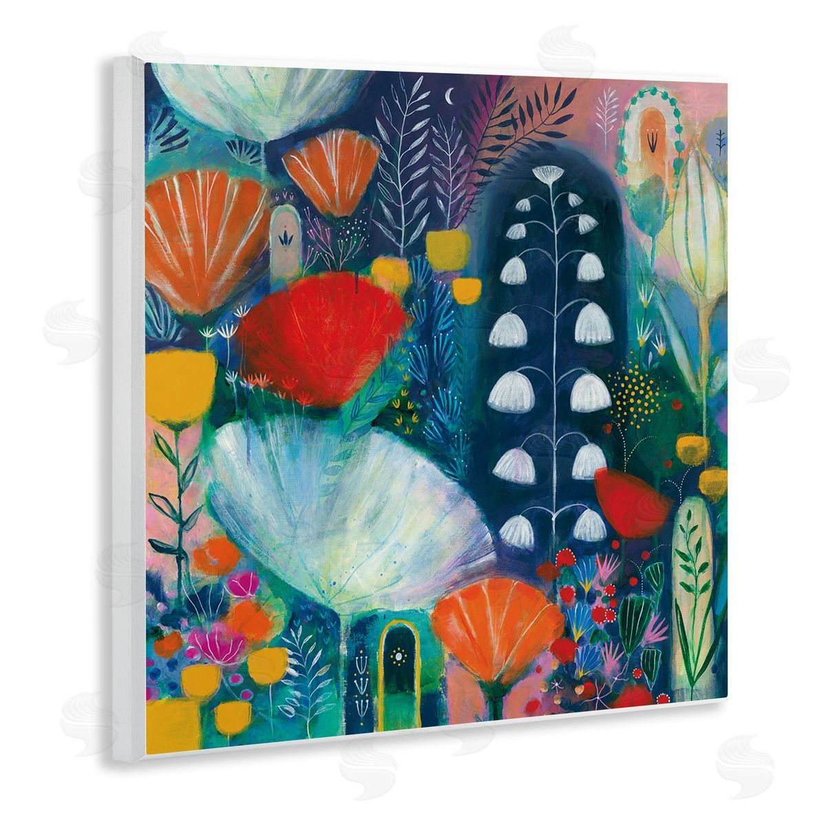 Corina Capri Playful Field of Abstract Florals Blue Red Wooden Wall Plaque Art Print