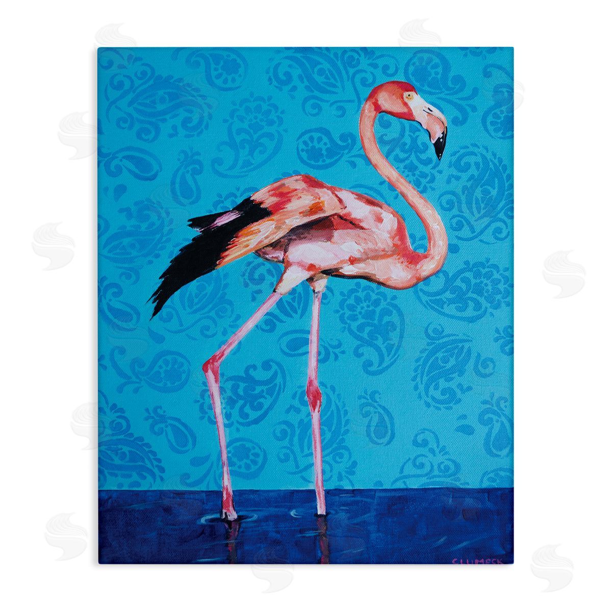 Alana Clumeck Pink Flamingo in Water over Blue  Paisley Pattern