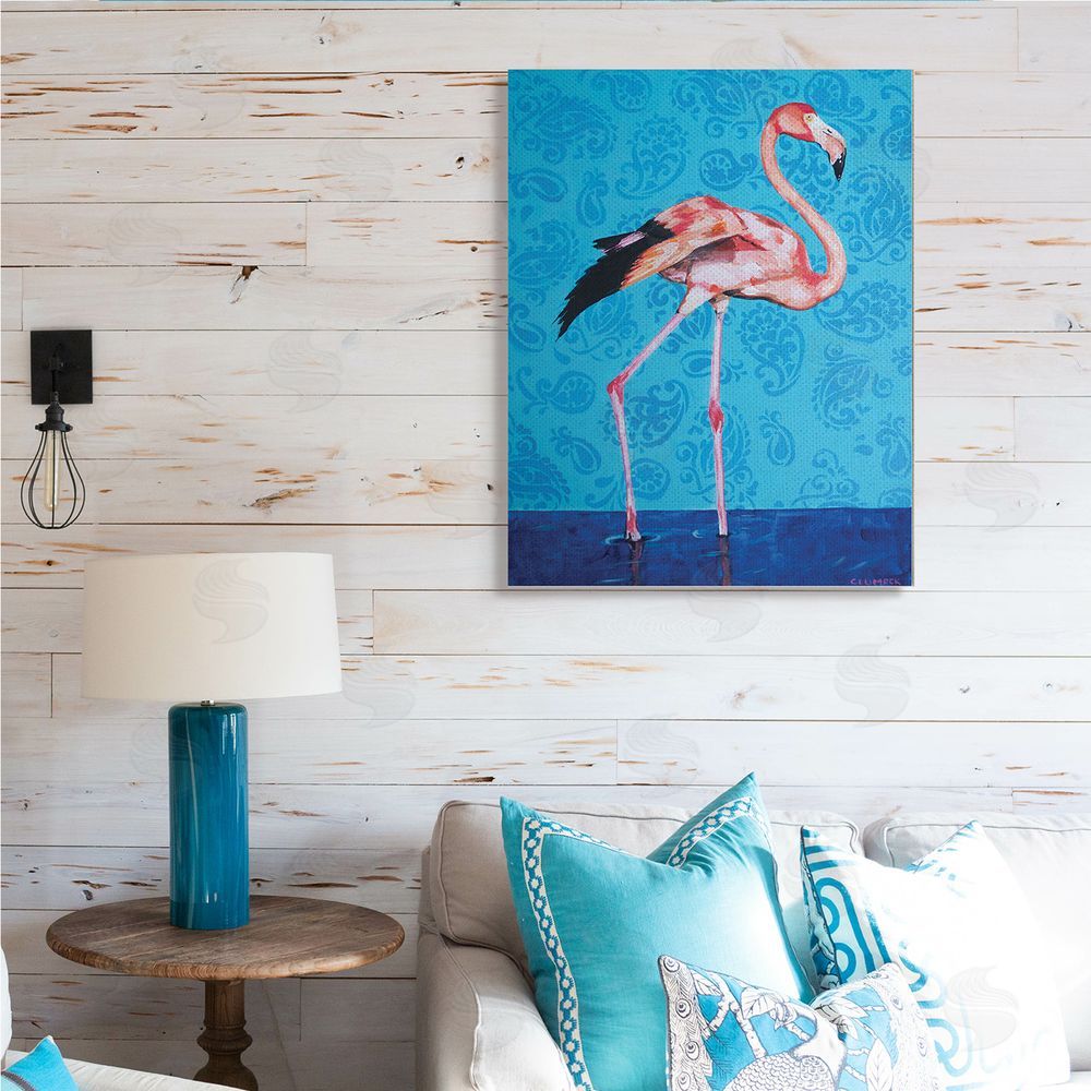 Alana Clumeck Pink Flamingo in Water over Blue  Paisley Pattern