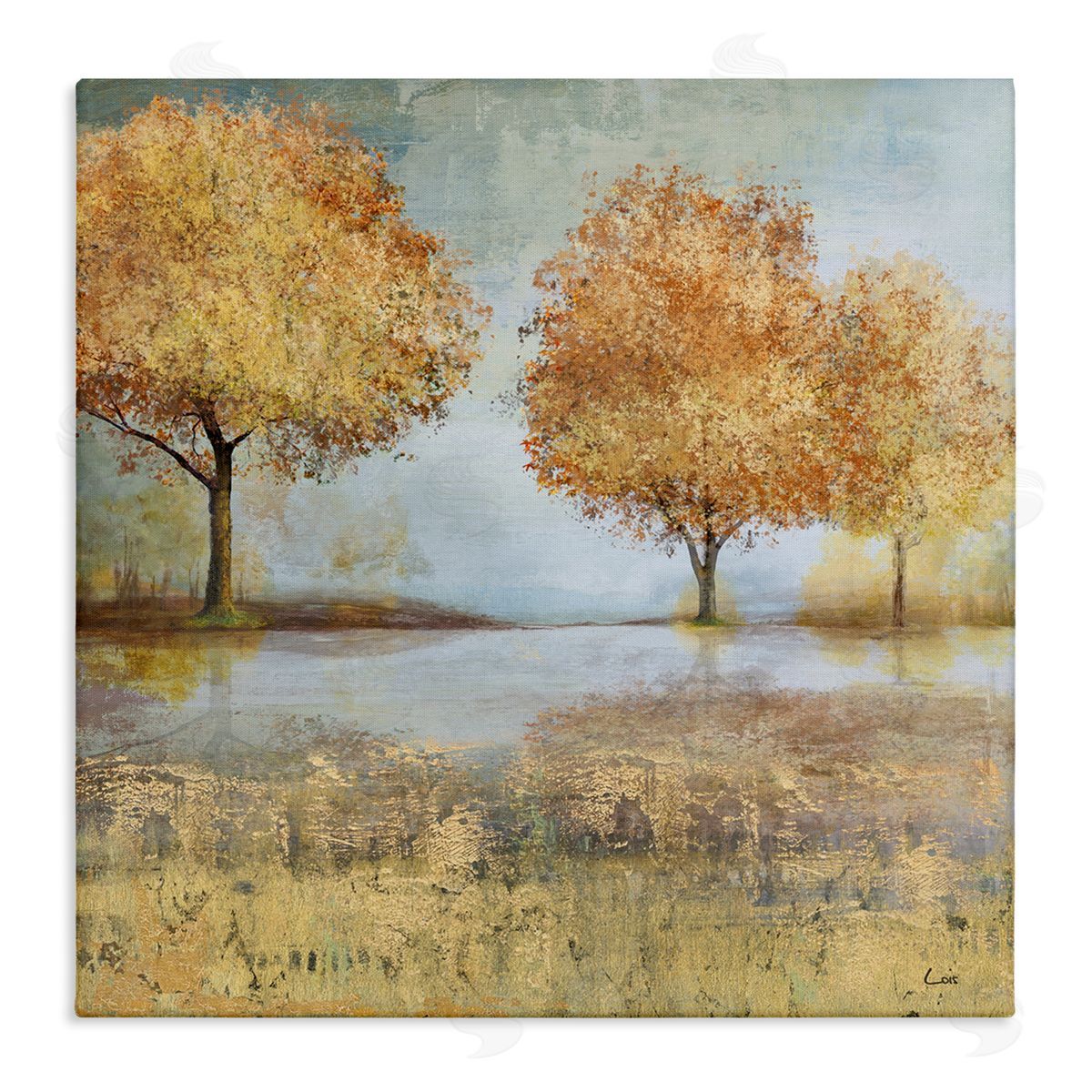 Carson Lyons Autumn Trees by Lake Countryside Landscape Stretched Canvas Wall Art Print