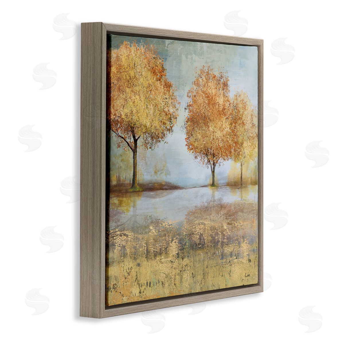Carson Lyons Autumn Trees by Lake Countryside Landscape Brown Floating Frame Canvas Wall Art Print