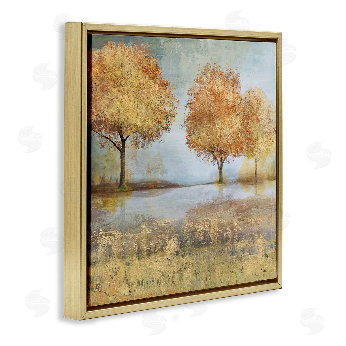 Carson Lyons Autumn Trees by Lake Countryside Landscape Gold Floating Frame Canvas Wall Art Print