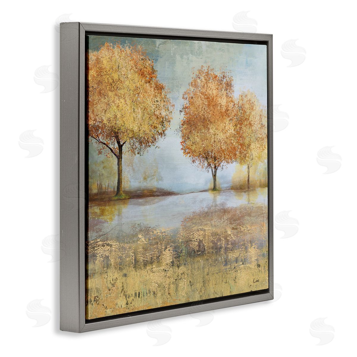 Carson Lyons Autumn Trees by Lake Countryside Landscape Gray Floating Frame Canvas Wall Art Print